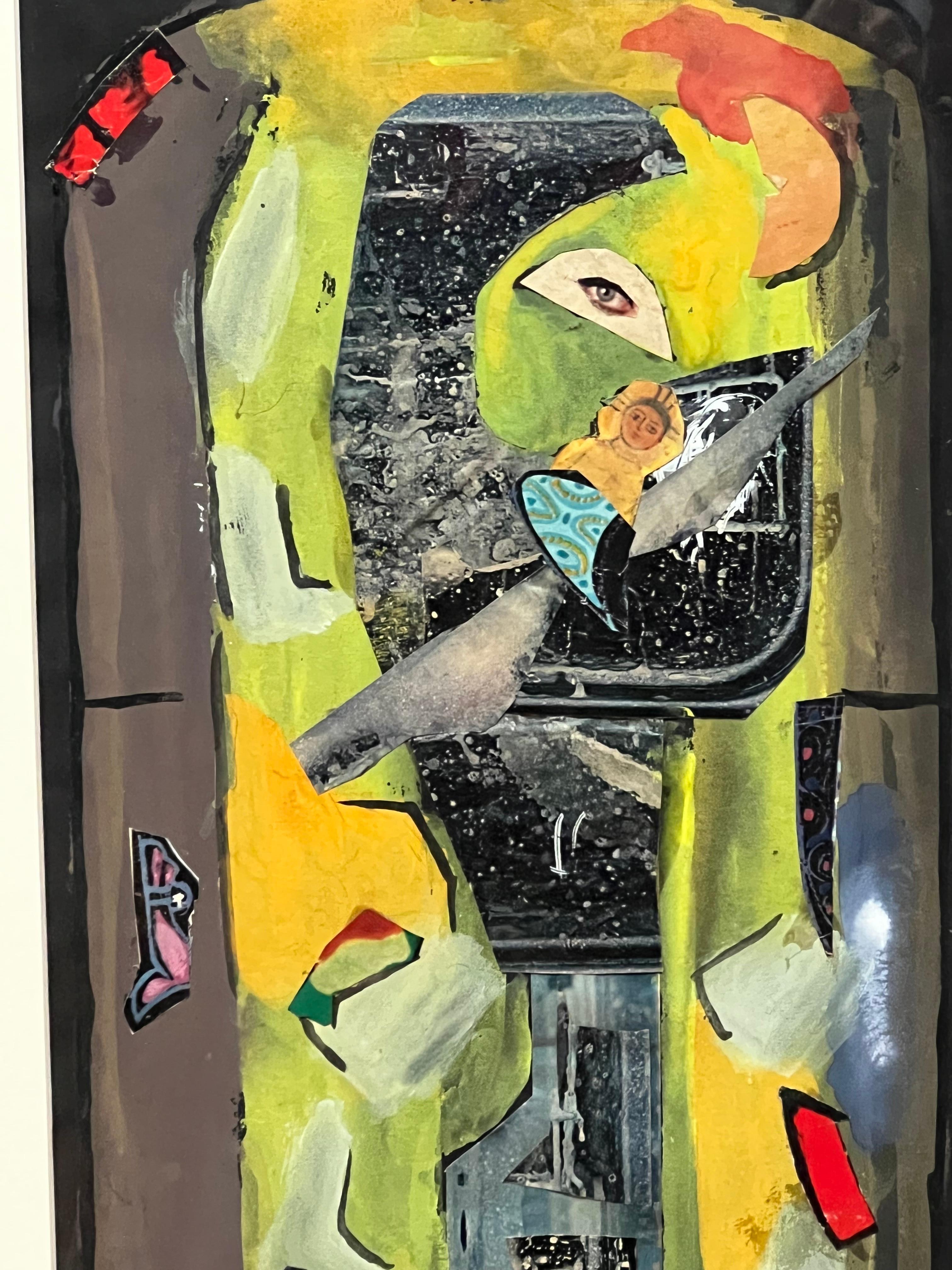 This is a semi-abstract watercolor mixed-media piece by MF Camilleri, dated 1964. Against a dark, grey background reminiscent of outer space from within a space shuttle, a long blend of green and yellow watercolor hues encircles the rim of the
