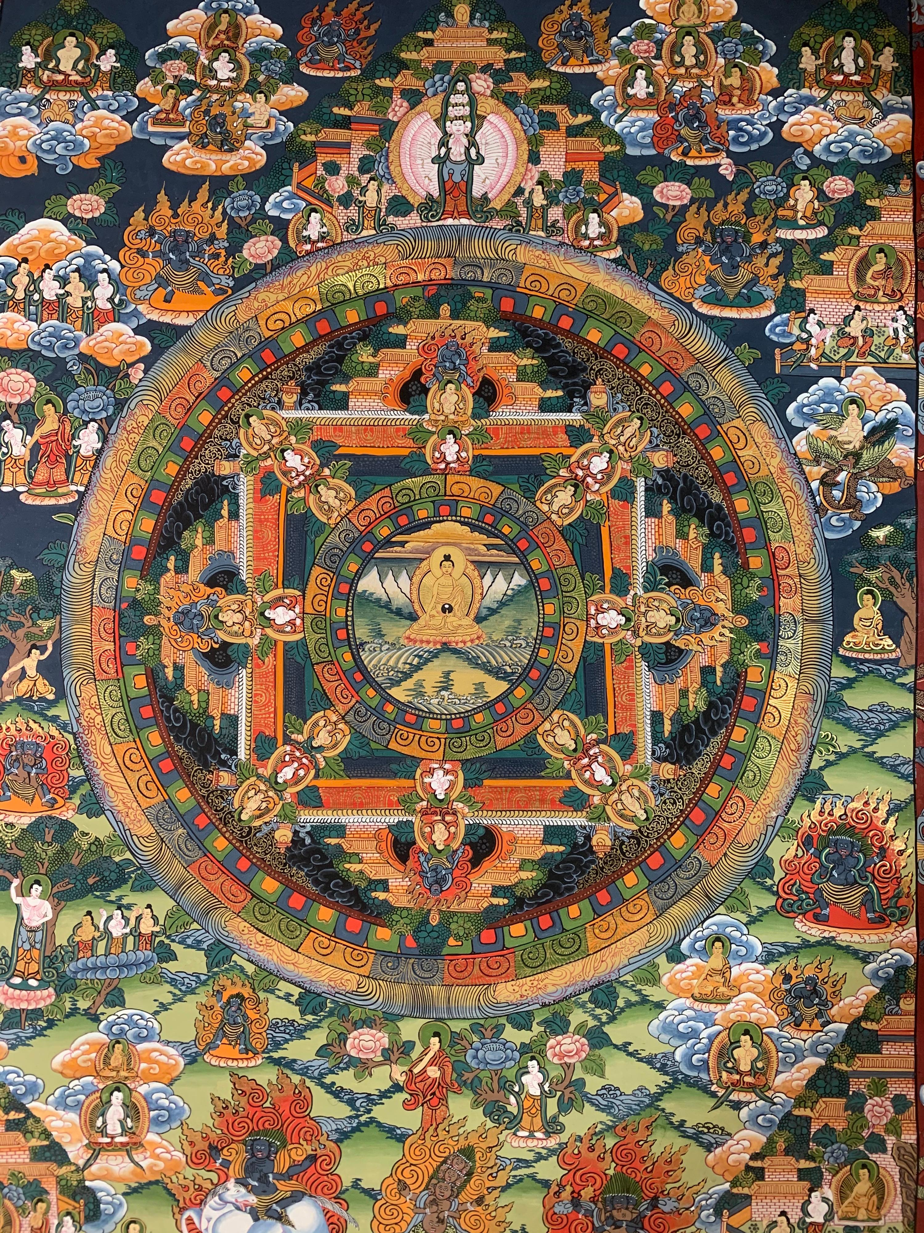 Ce thangka mandala est peint à la main sur toile avec de l'or 24k. Les différentes teintes de rouge, de vert et de blanc se fondent harmonieusement dans le scintillement de l'or véritable.
La taille de la toile non encadrée est de 28 