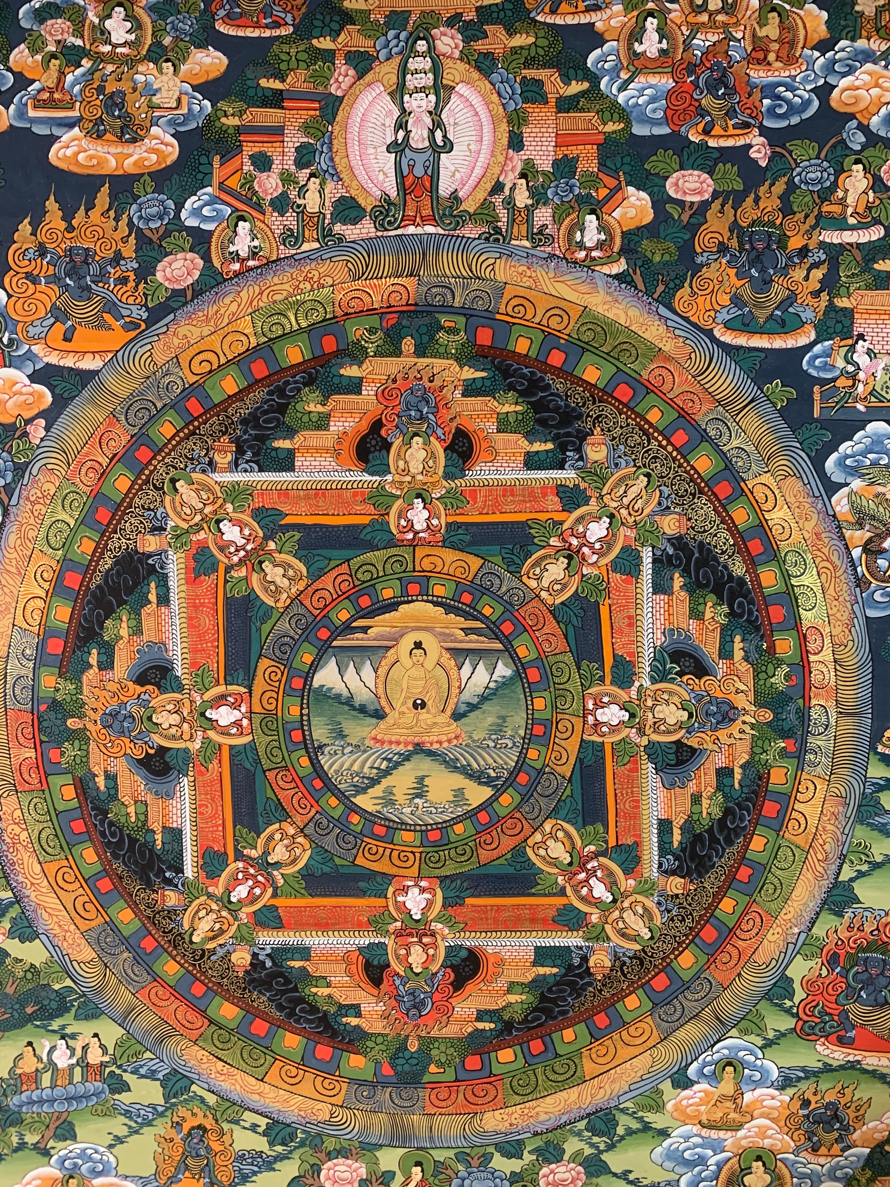 Thangka Mandala peint à la main sur toile avec or 24 carats non encadré en vente 1