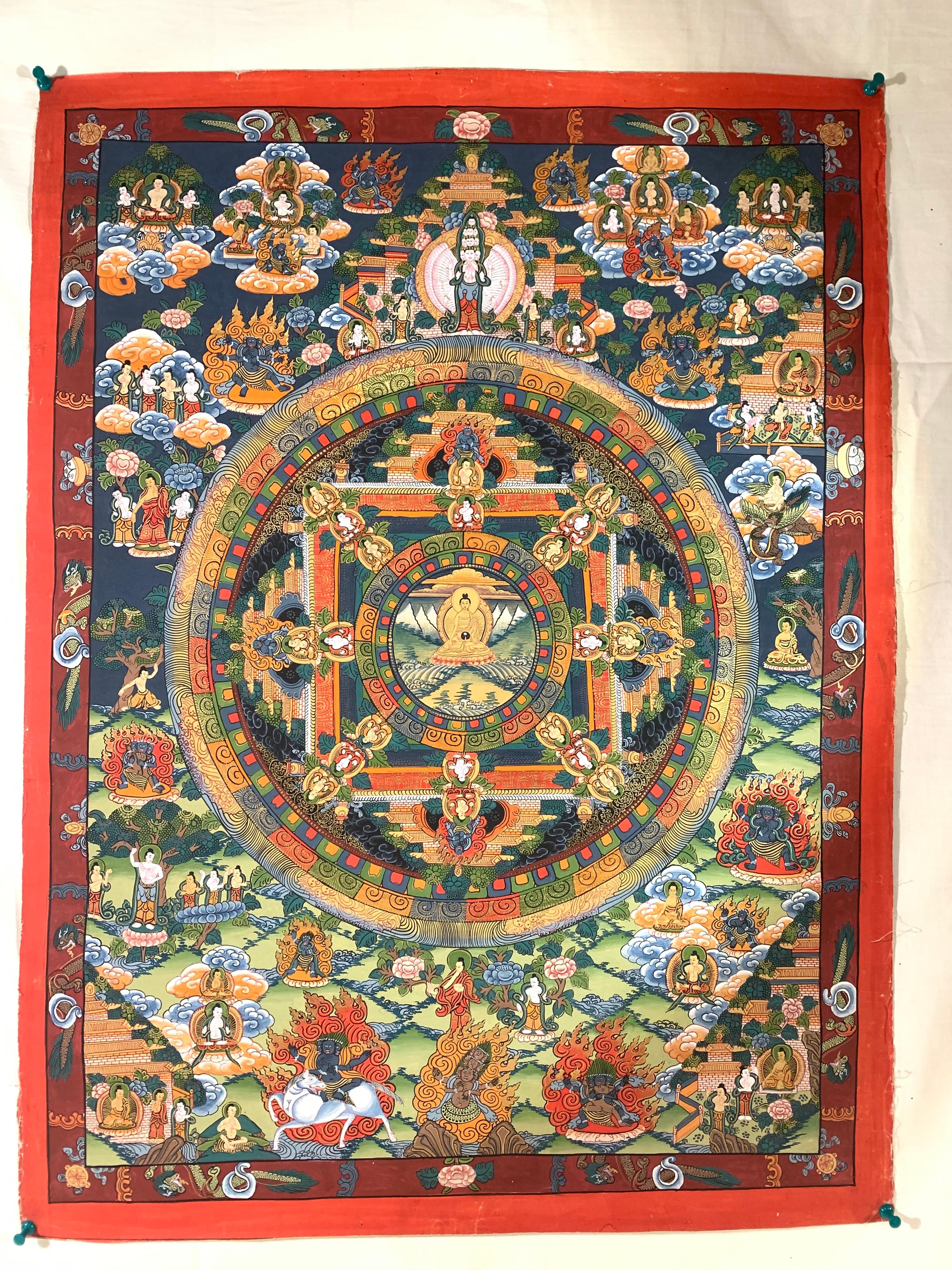 Einzelnes Mandala Handgemalt  Original Thangka  – Mixed Media Art von Unknown