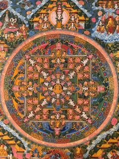 Peinture originale de Mandala Thangka sur toile avec de l'or véritable 24 carats