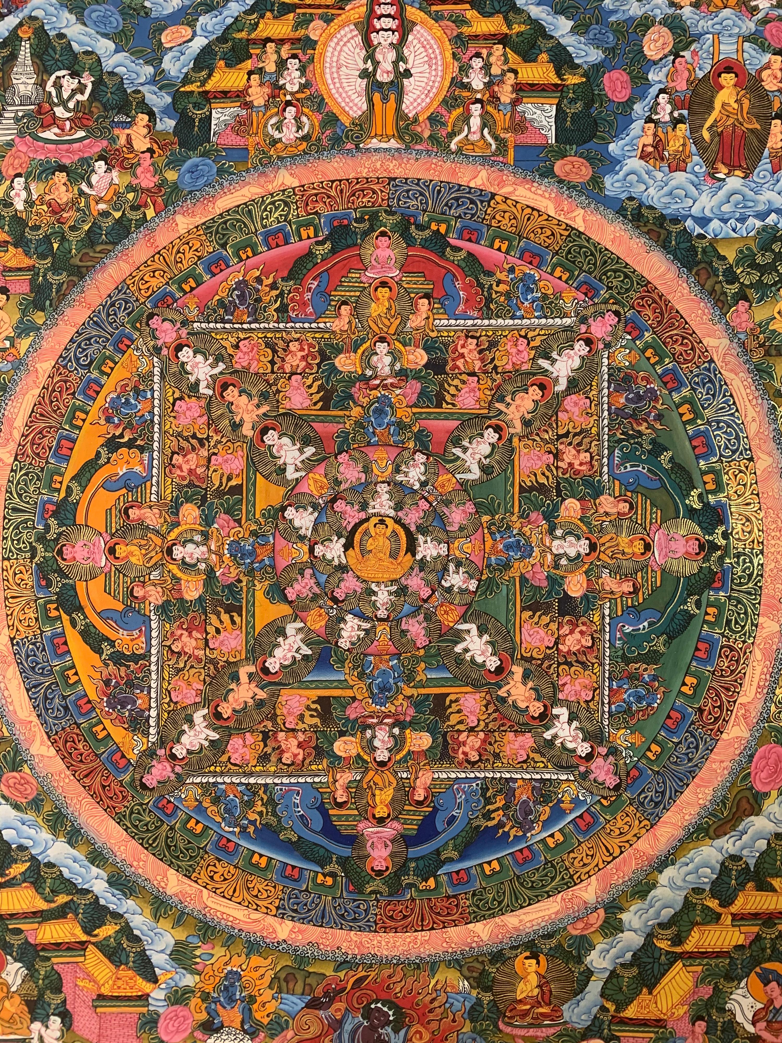 Einzelne Mandala, Original Thangka-Gemälde auf Leinwand mit 24 Karat Gold im Angebot 5