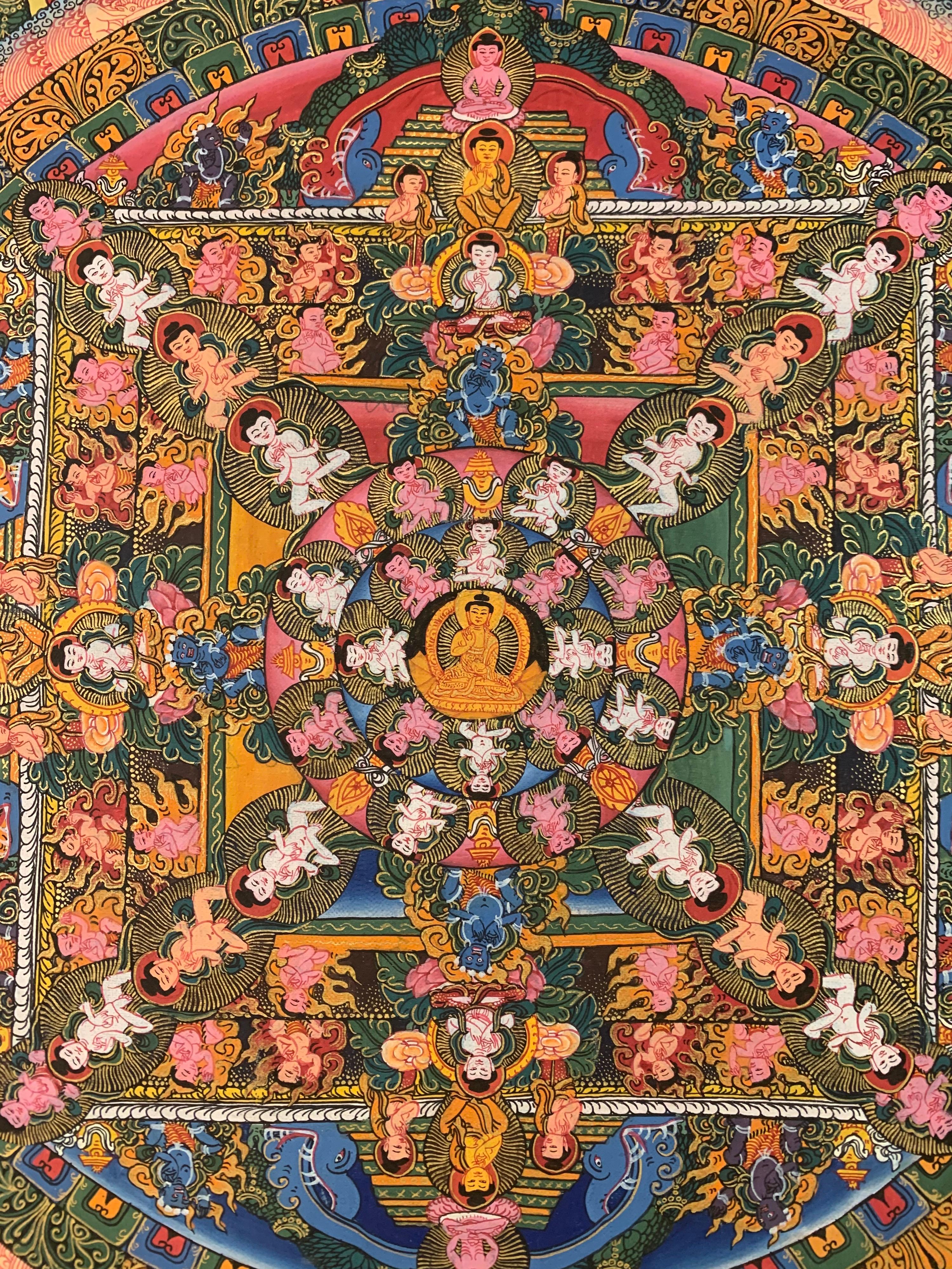 Peinture originale de Mandala Thangka sur toile avec de l'or véritable 24 carats en vente 6