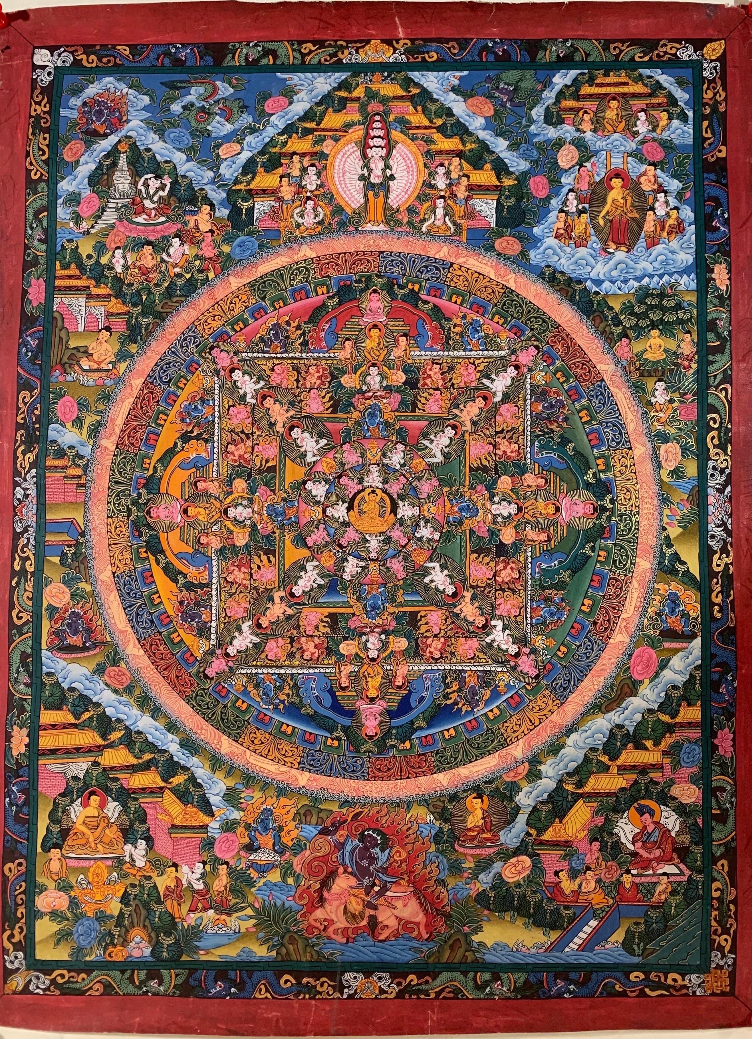 Einzelne Mandala, Original Thangka-Gemälde auf Leinwand mit 24 Karat Gold