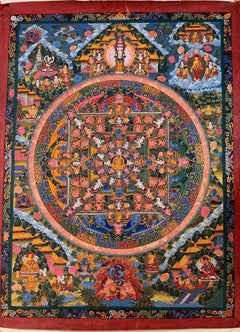 Peinture originale de Mandala Thangka sur toile avec de l'or véritable 24 carats