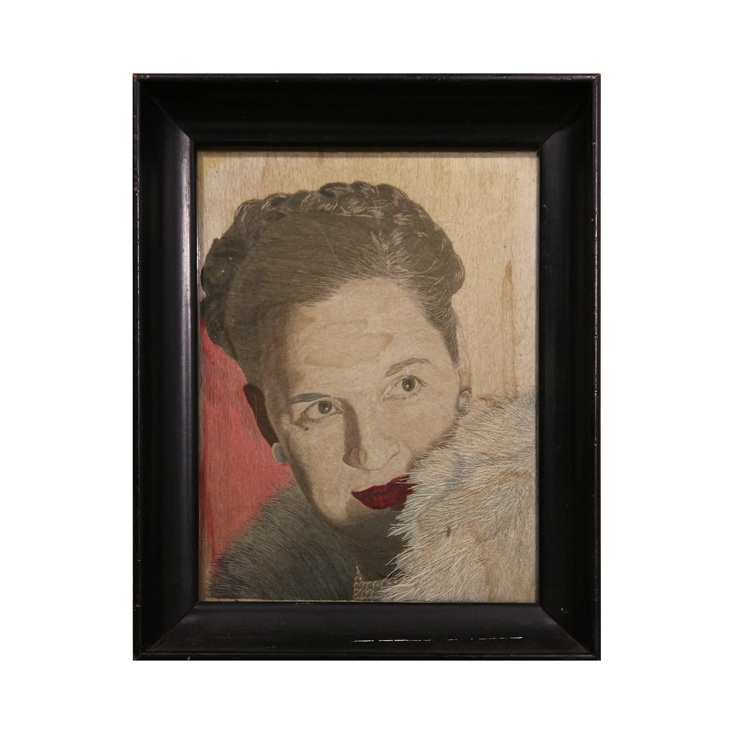 Small Modern Grey and Red Toned Embroidered Portrait of a Woman - Realist Mixed Media Art by Unknown