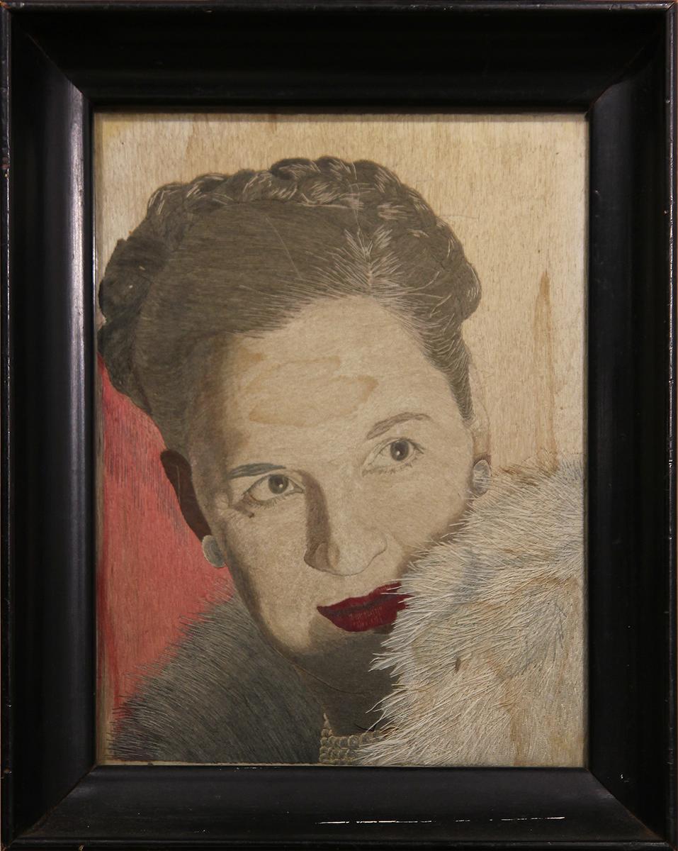 Small Modern Grey and Red Toned Embroidered Portrait of a Woman - Mixed Media Art by Unknown