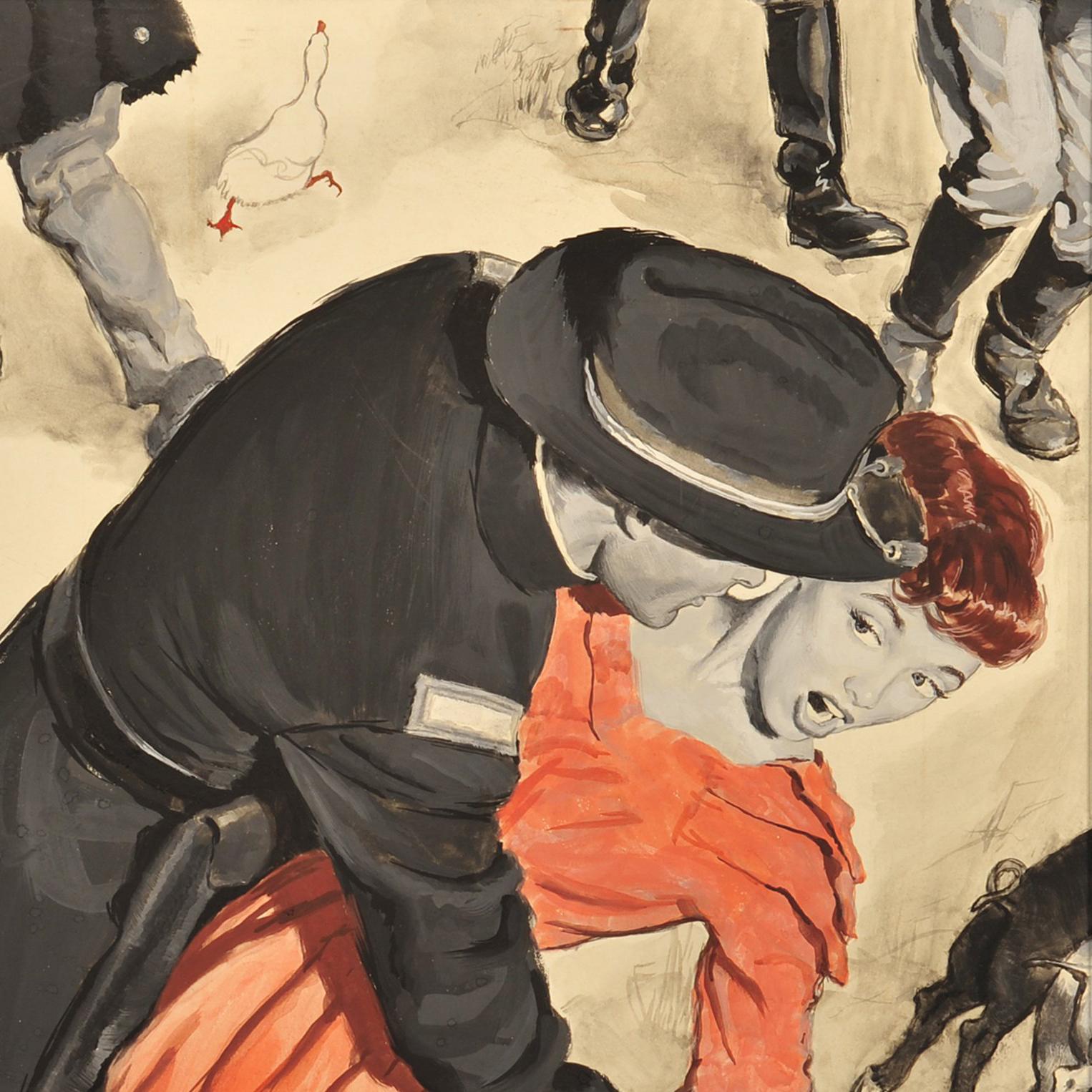 Des soldats attachant une femme et des animaux de ferme - Beige Figurative Painting par Unknown