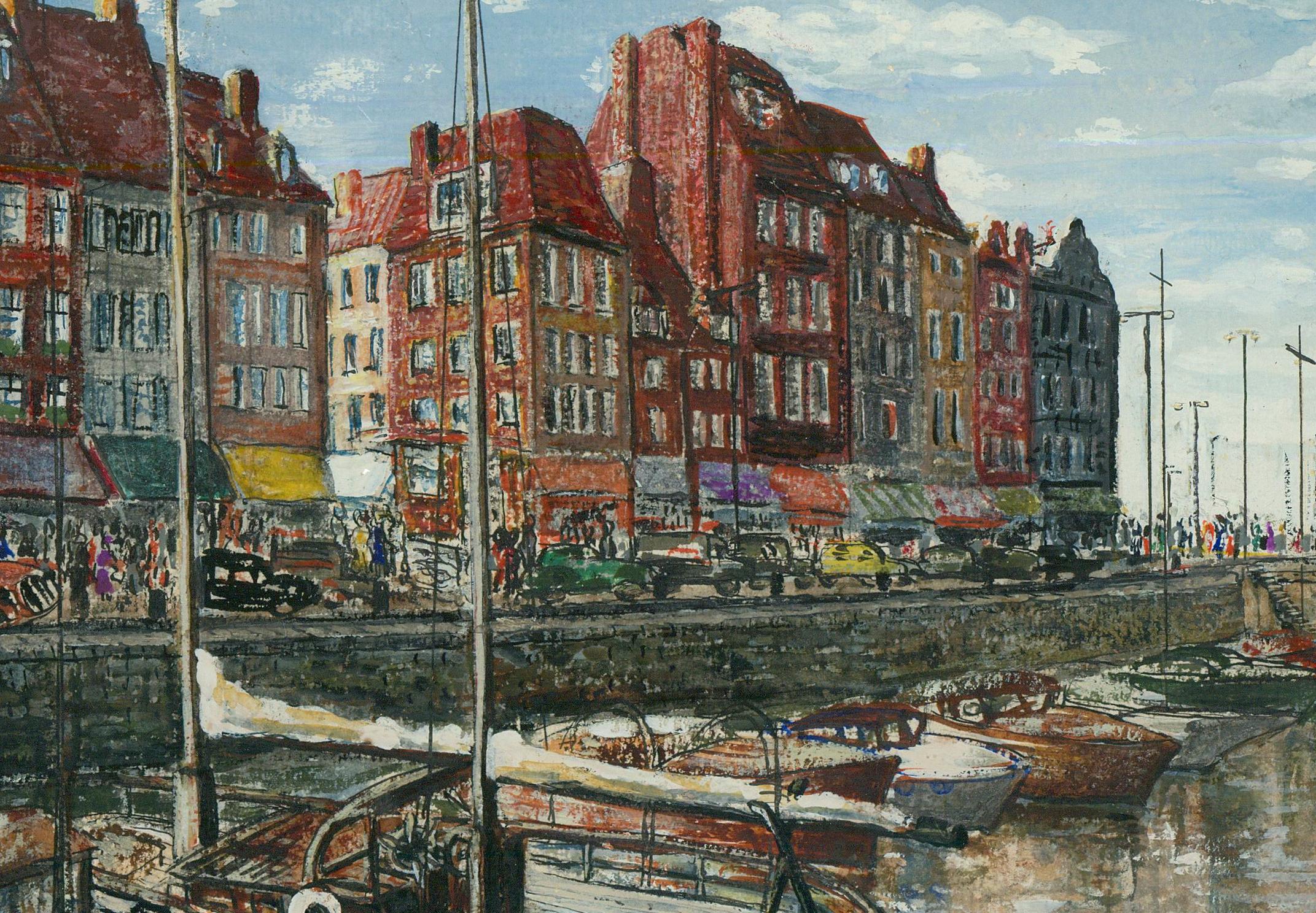 A vibrant mix media study of Ostend harbour by 20th century artist Sonia Poliakov. The composition has been beautifully executed with good proportion, taking in much of the harbour's striking architecture, colourful shops and many boats. The Belgium