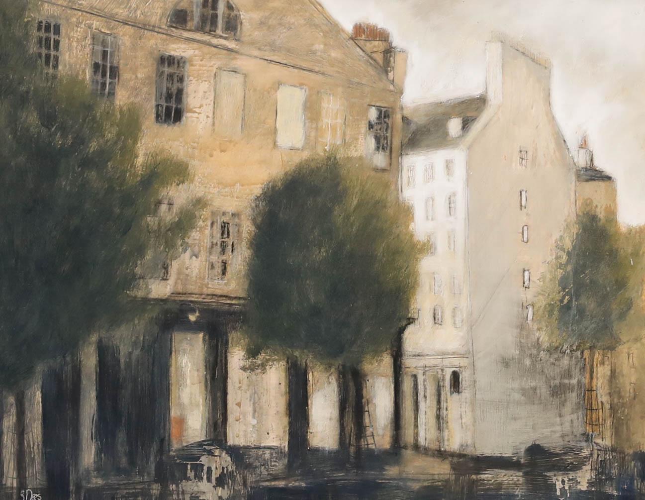 Une scène de rue atmosphérique de l'artiste Stephanie Dees (née en 1974). Fuzzi complète l'œuvre d'art dans son style flou caractéristique qui crée un sentiment de calme indéniable. Signé en bas à gauche. Bien présenté derrière une vitre dans un