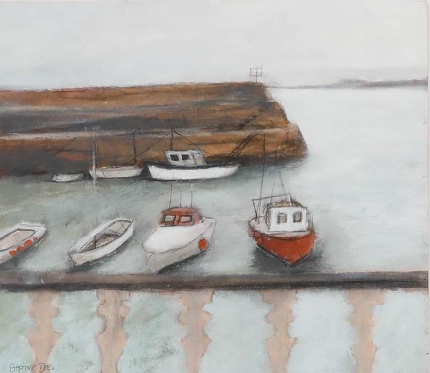 Stephanie Dees (b.1974), original mixed media drawing with gouache. Entitled 'Boats at Rest'. Pencil signed to the lower left. Presented in a contemporary box-style frame. On board. 
