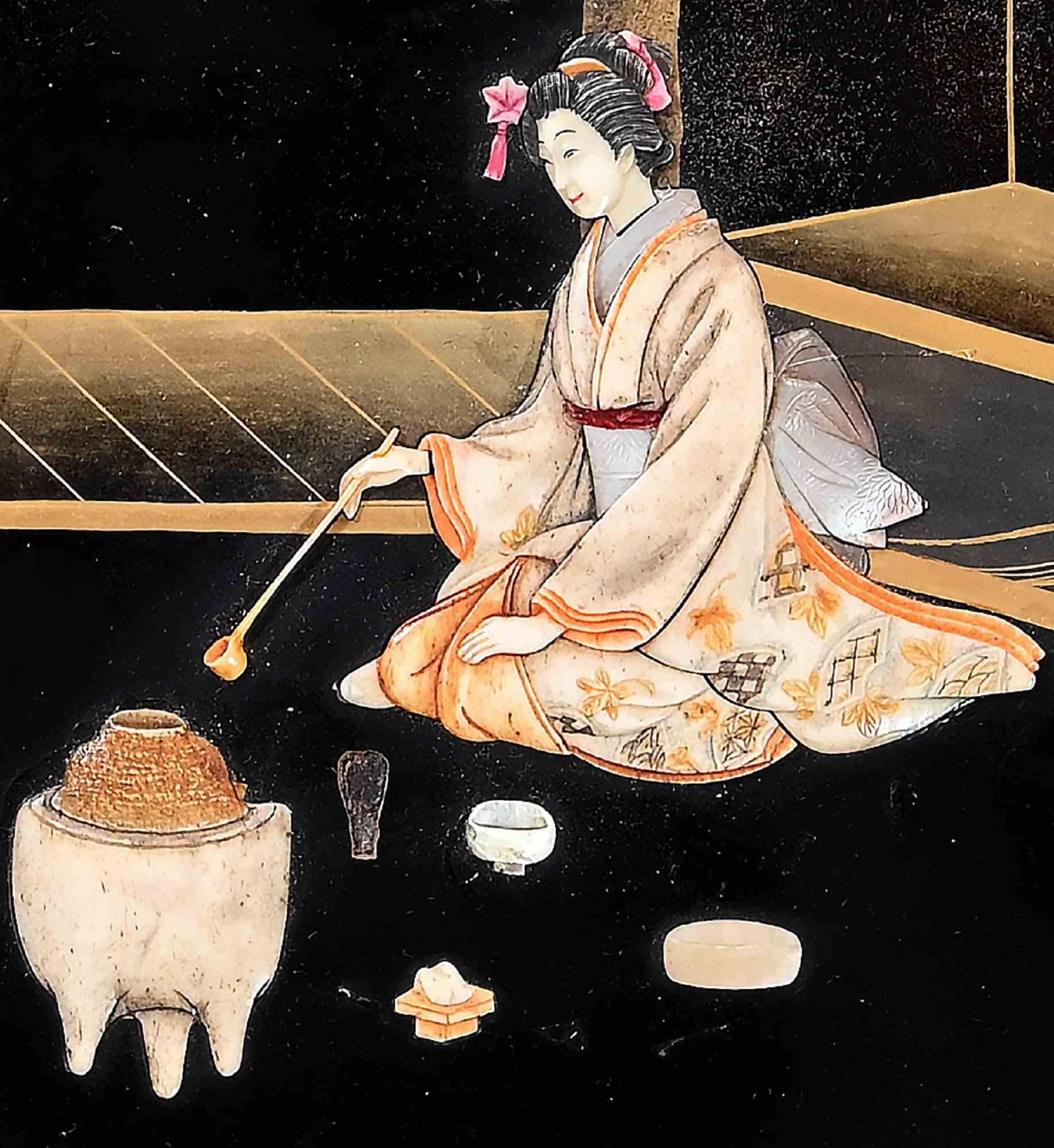 Die Teezeremonie ist ein modernes Kunstwerk, das von japanischen Künstlern des frühen 20. Jahrhunderts geschaffen wurde.

Gemischte Medien (Lack und Reliefs in Perlmutt).

Einschließlich eines Holzrahmens.

Guter Zustand bis auf kleine fehlende