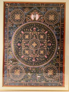 Framed Original Hand Painted Meditation Mandala Thangka on Canvas with 24K Gold