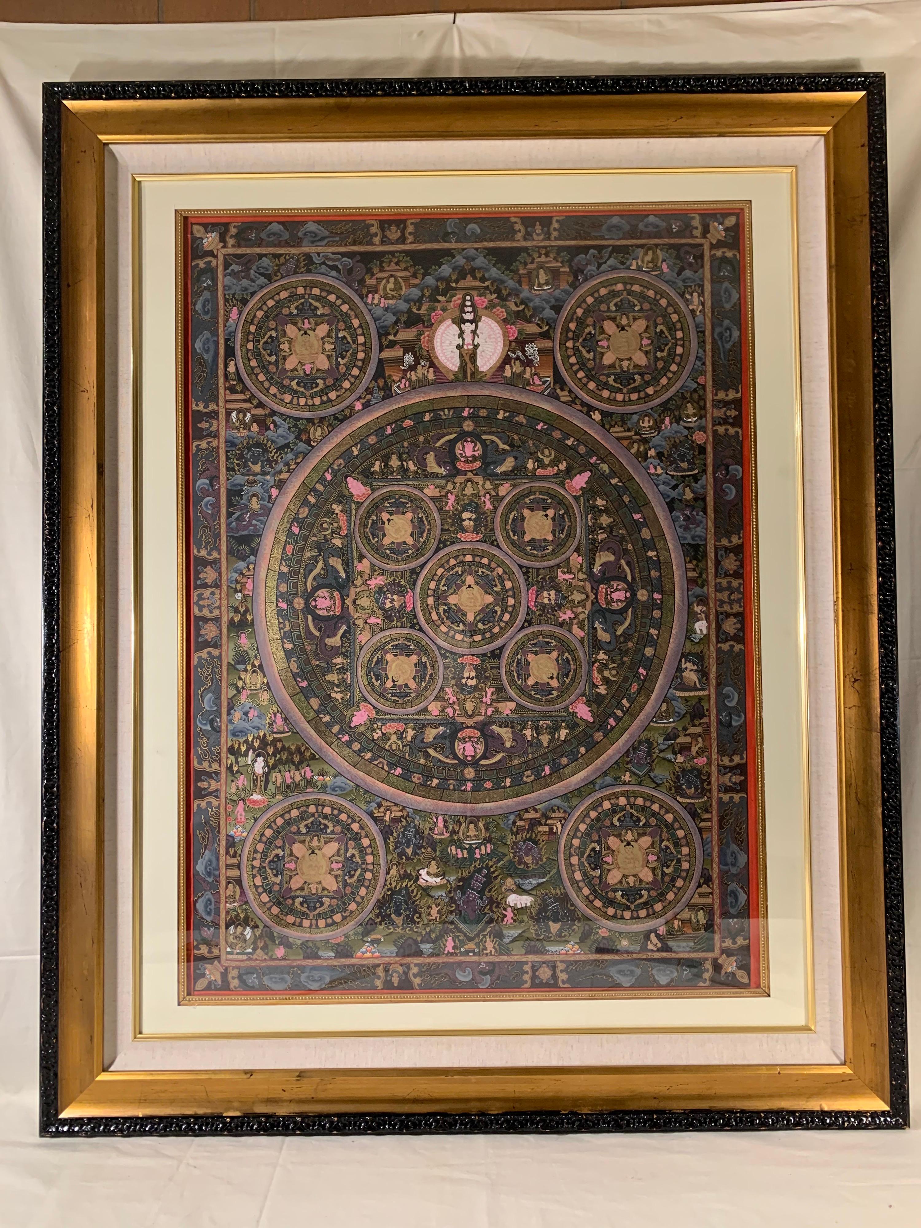 Thangka de méditation Mandala sur toile encadré d'origine, peint à la main et or 24 carats 
