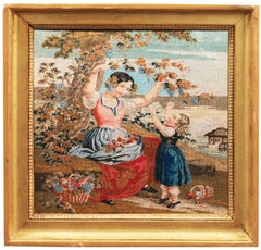 'The Lowered Bough', Figural Petit-point, Needlepoint, Mother, Daughter, Harvest