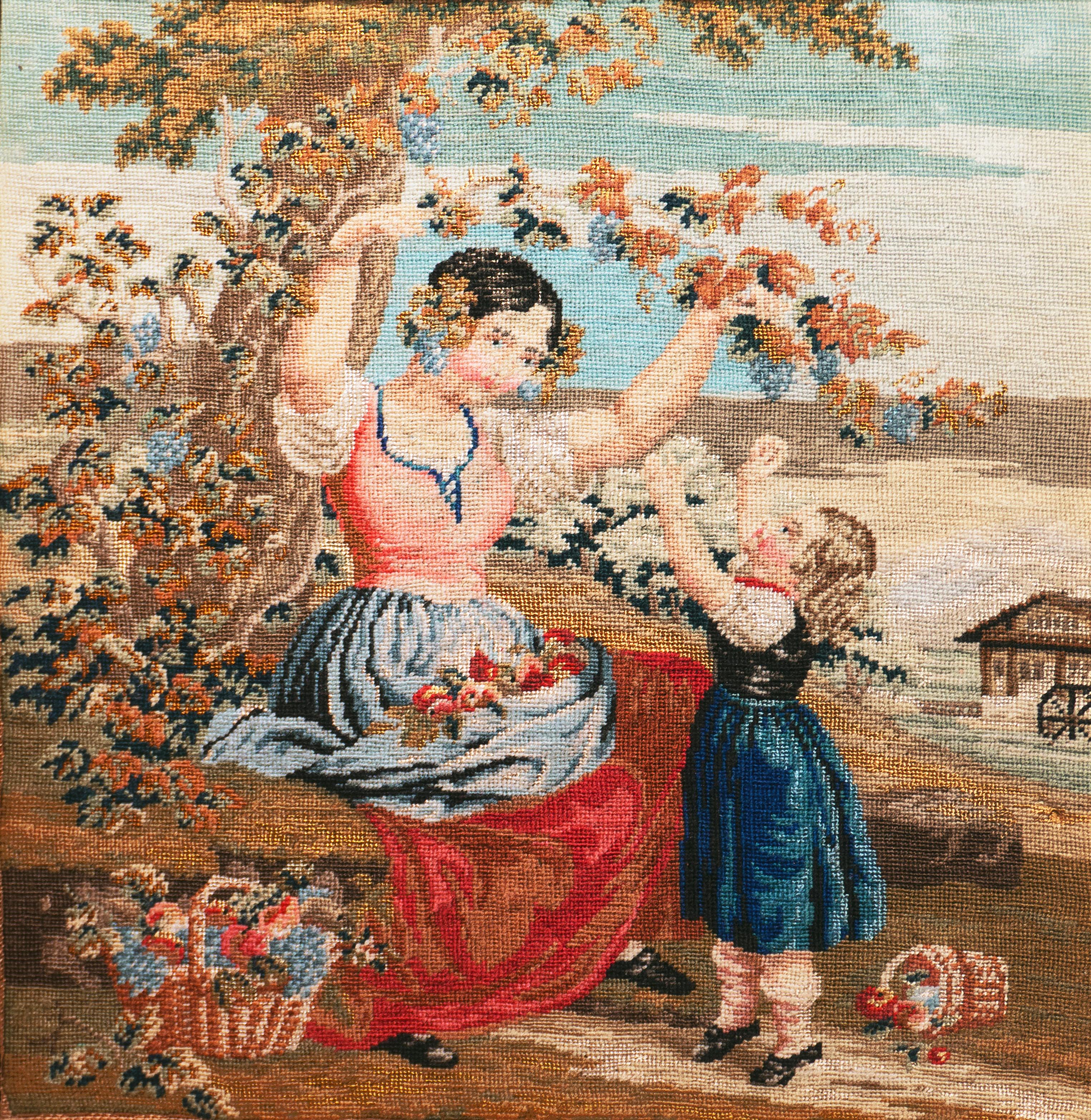 'The Lowered Bough', Figural Petit-point, Needlepoint, Mother, Daughter, Harvest - Art by Unknown