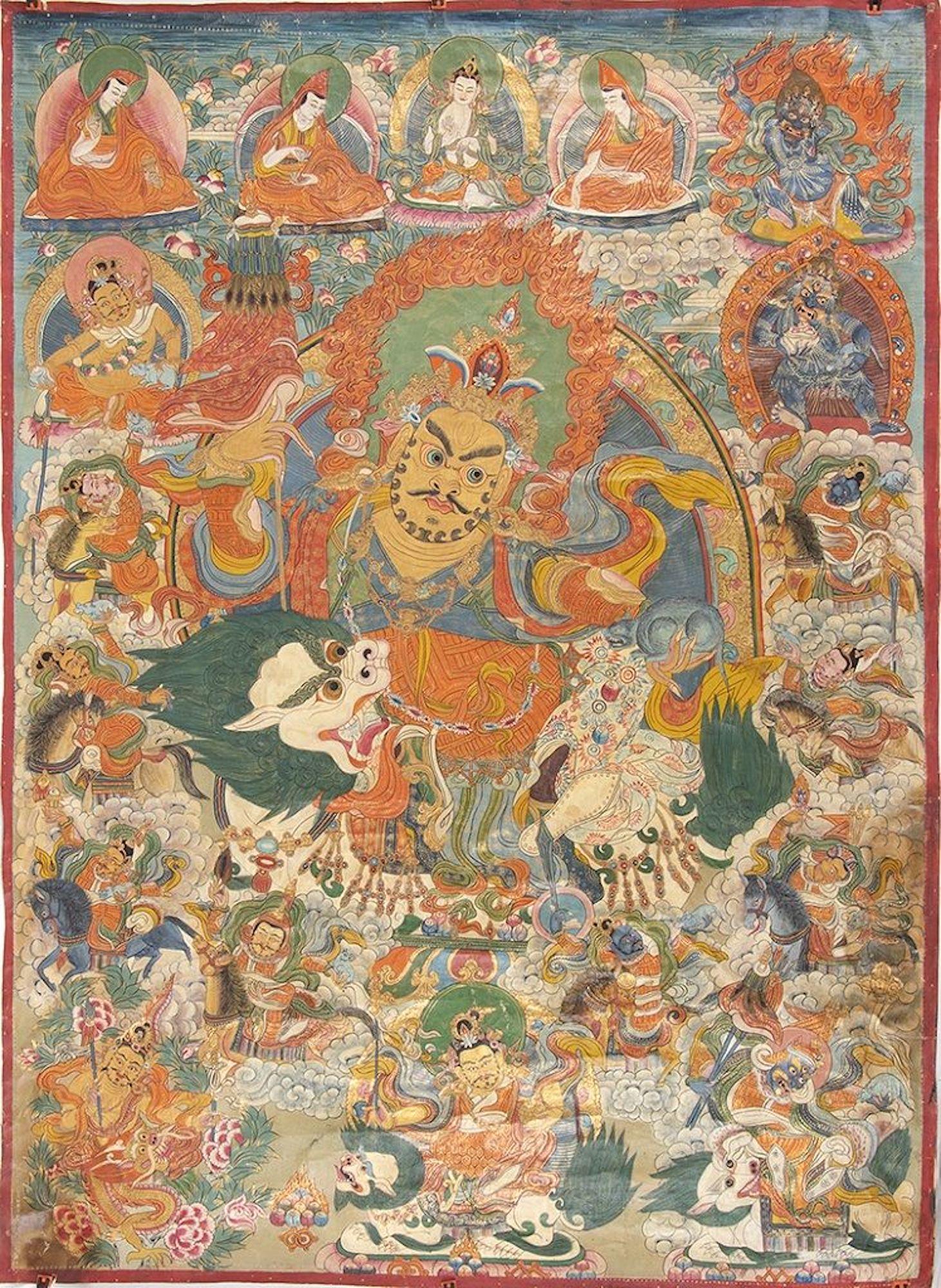 Tibetan Ancient Tangka with Jambhala - Late 19th Century - Mixed Media Art by Unknown