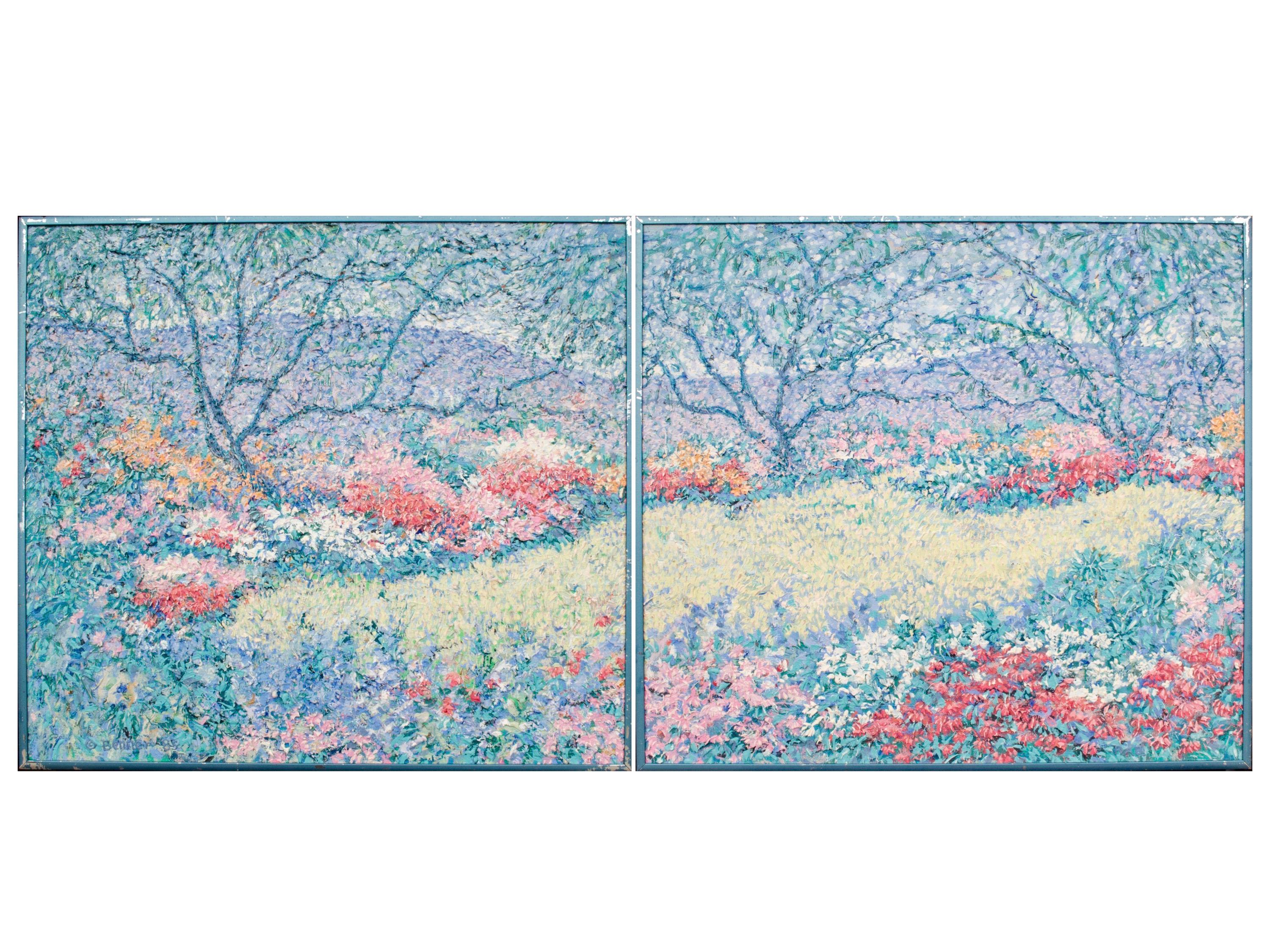 Deux peintures de paysages floraux des années 1980, signées Benner - Mixed Media Art de Unknown