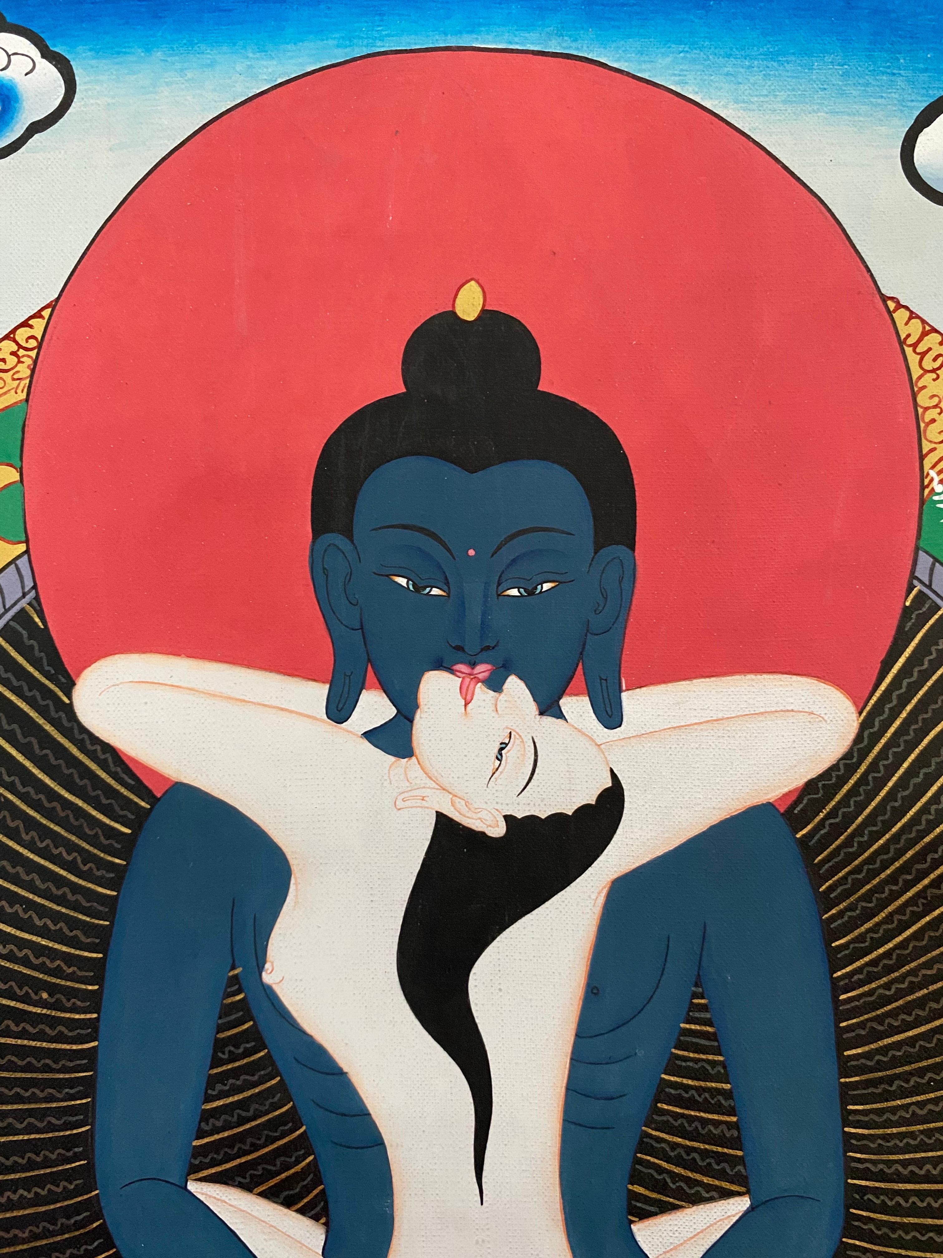 Buddha Samantabhadra (Shakti)  is deep blue in color, symbolizing the sky or emptiness of mind. Samantabhadra or buddha's consort is white in color, symbolizing the aspect of the clarity of our mind. The male female of Adi Buddha in union depict the