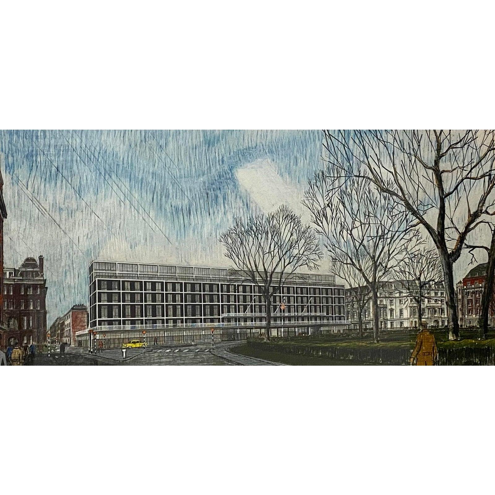 Vintage Mixed Media amerikanische Stadtlandschaft Illustration, ca. 1960er Jahre im Angebot 6