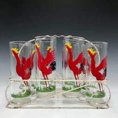 Vintage Set of 8 Federal Glass Crowing Rooster Cocktail Glasses with Caddy