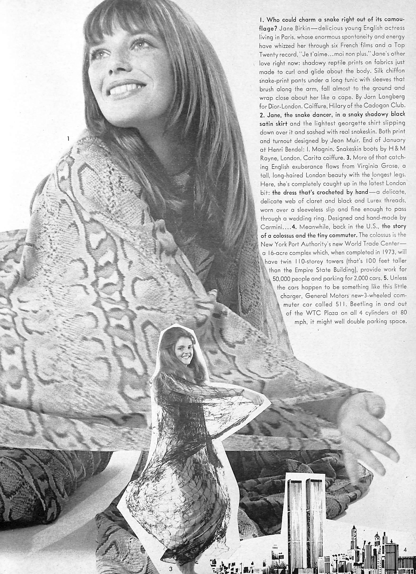 Fashion Forecast: The beautiful hippies—Pilar Crespi in fringe; Marisa Berenson and the one-strap shoulder bag . . . The new fur-lined coat- double-faced mink, printed on the hide side. The London Bit—clothes from England's bright young designers