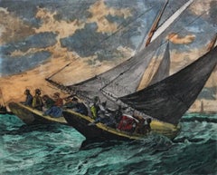 Whale Hunters-Hand-colored Etching on plate 
