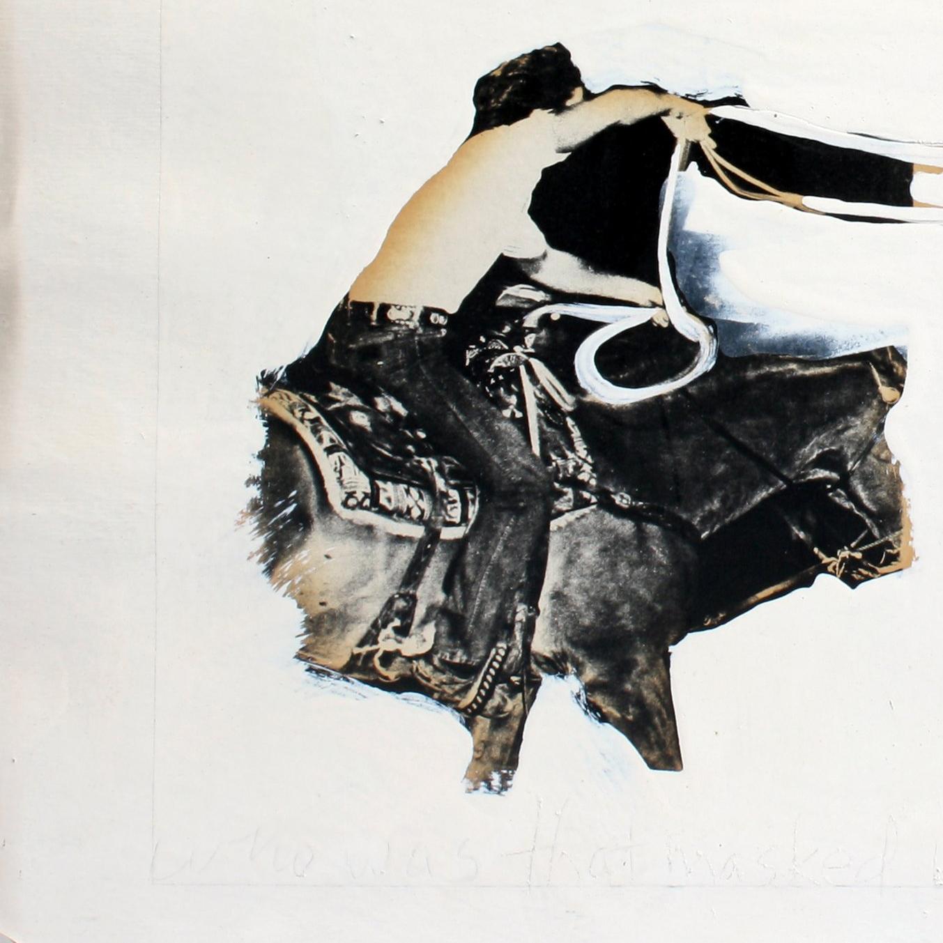 Questo intrigante dipinto a tecnica mista e collage è firmato in modo illeggibile in basso a destra.  Datato 1982 con la scritta 
