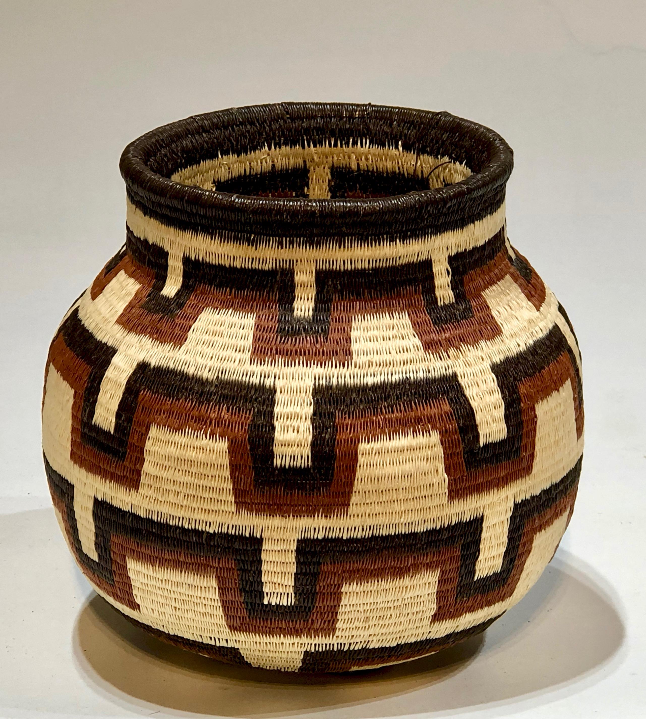 Wounaan Tribe Panama Rainforest Basket, brown, white and black geometric design