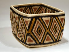 Vintage Wounaan Tribe Panama Rainforest Basket, gold, black, red geometric hand woven