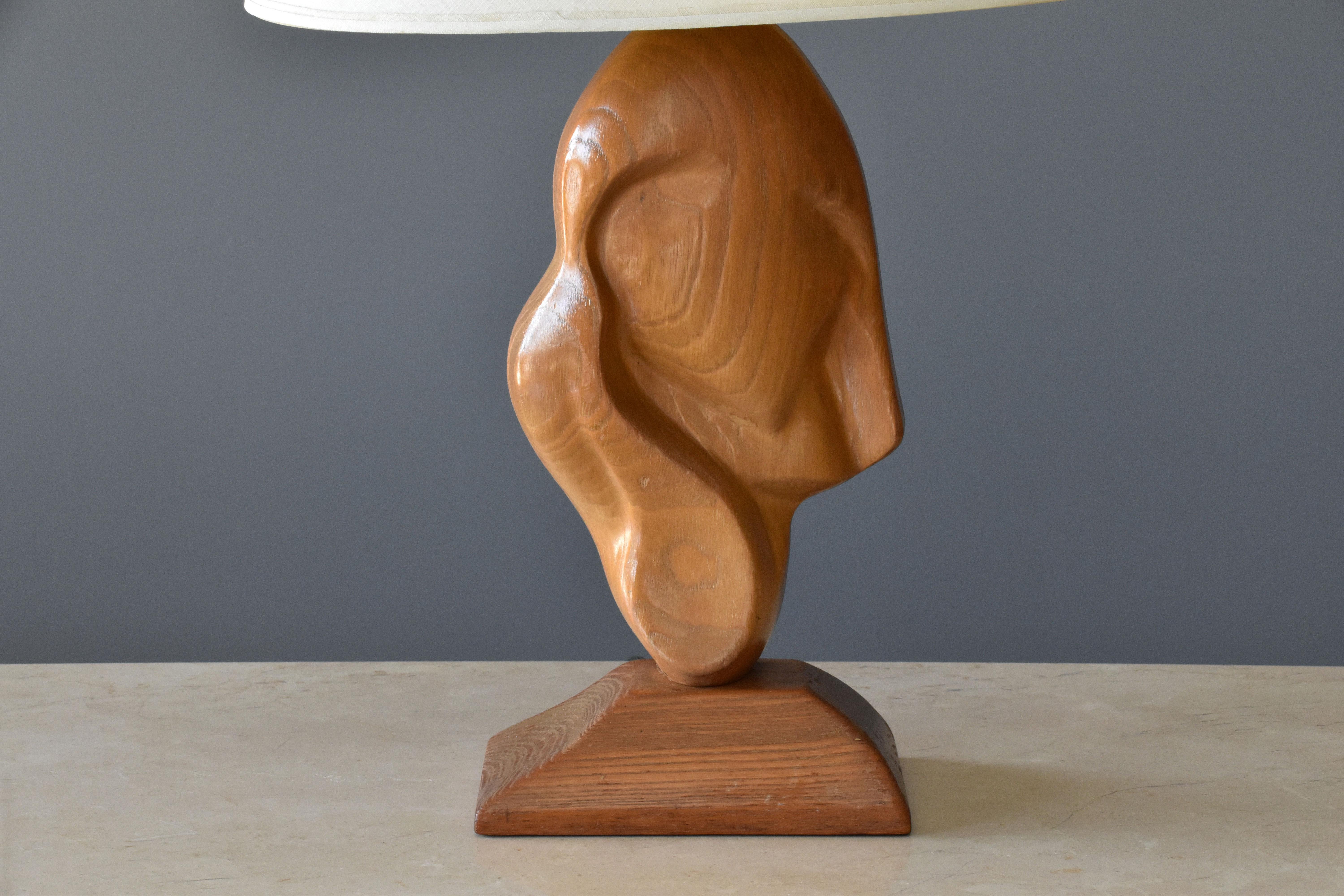 Mid-Century Modern Unknown modernist craftsman, organic table lamp, oak, fabric, America, 1960s 