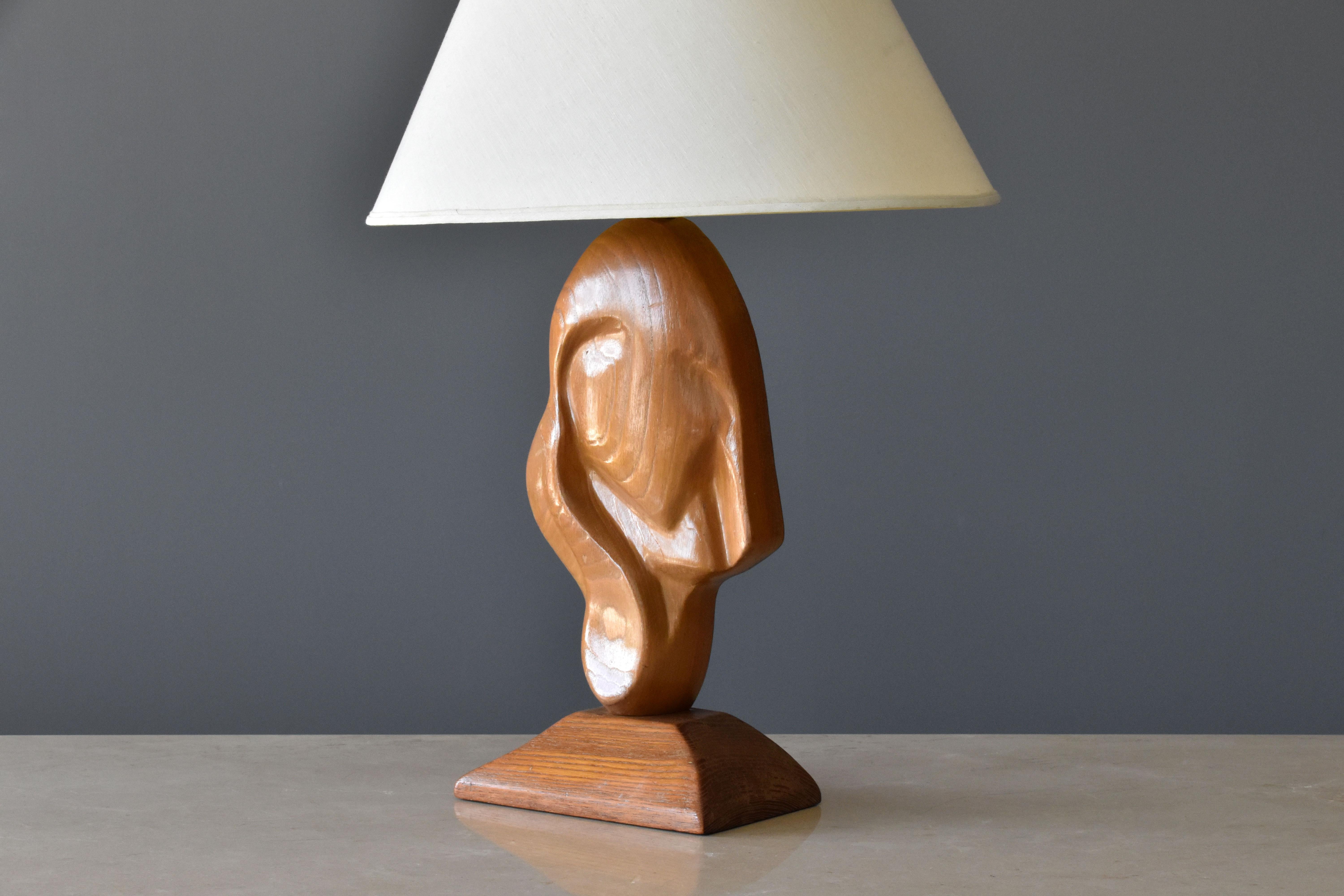 American Unknown modernist craftsman, organic table lamp, oak, fabric, America, 1960s 