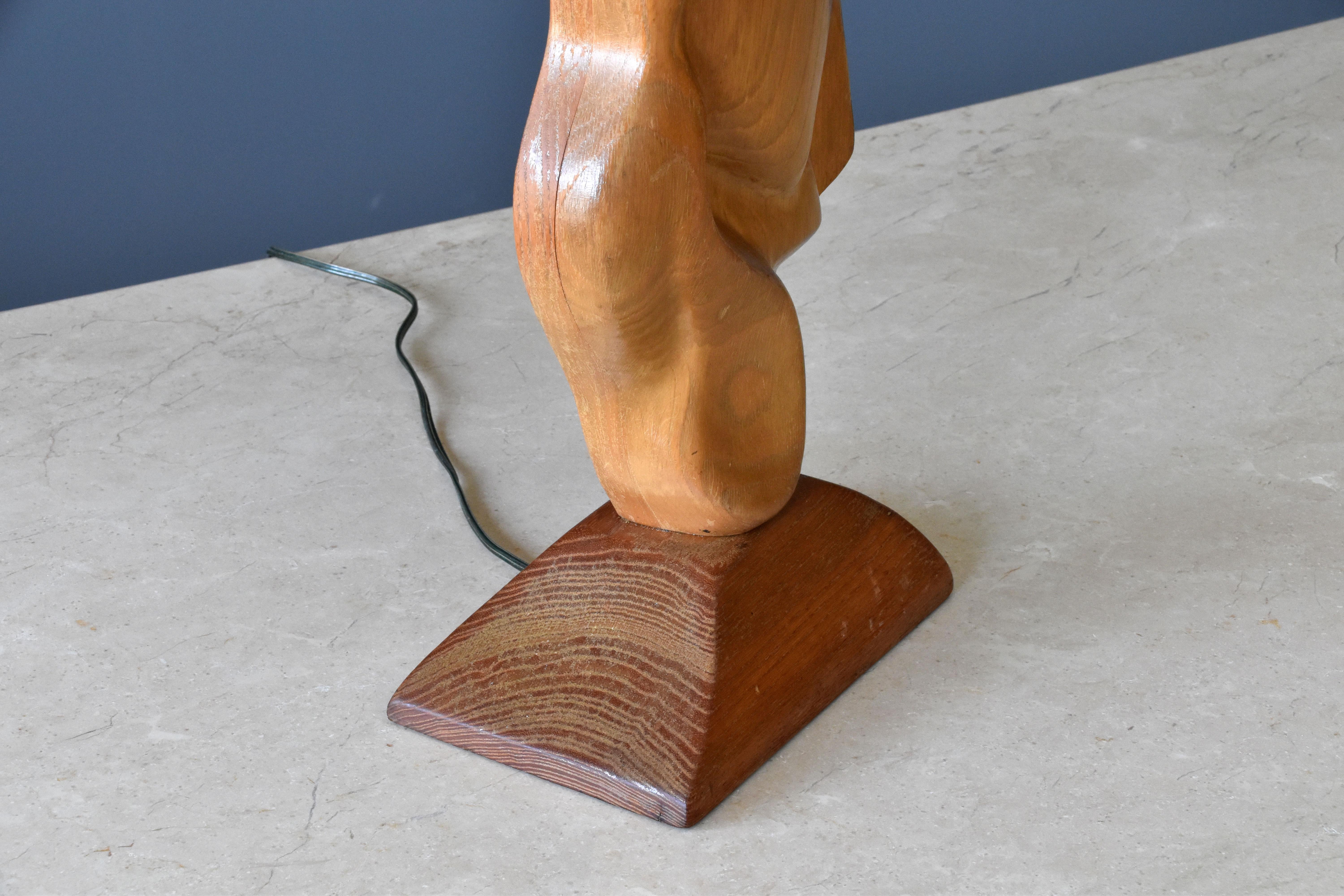 Mid-20th Century Unknown modernist craftsman, organic table lamp, oak, fabric, America, 1960s 