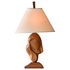 Artisanat moderniste inconnu, lampe de table organique, chêne, tissu, Amérique, années 1960