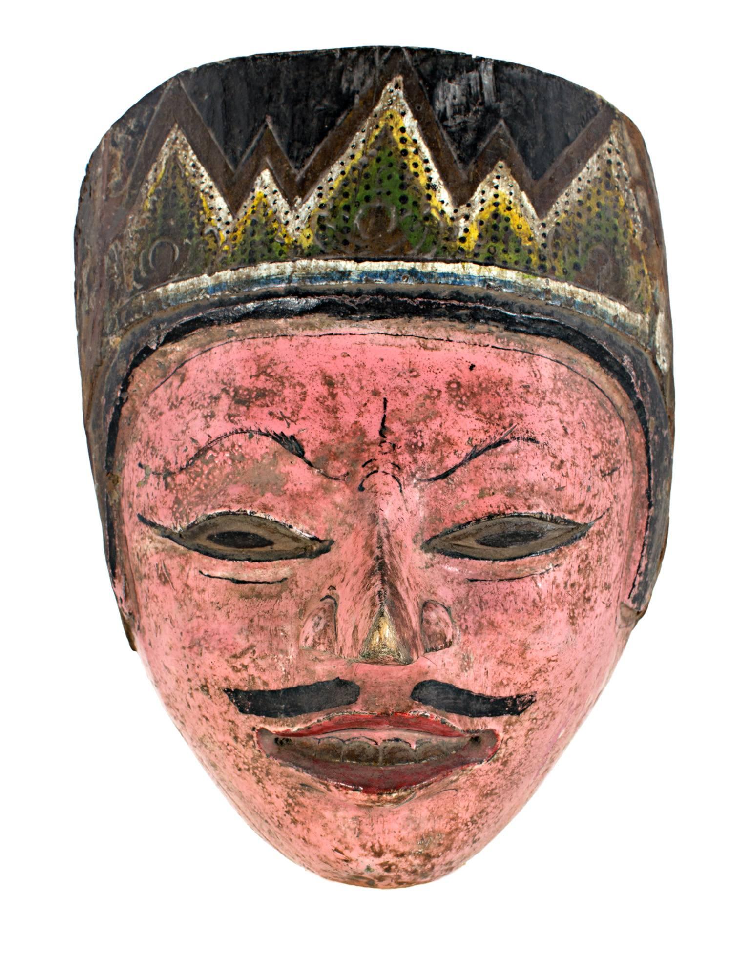 "Indonesian Mask, Pink Face, with Mustache, "  Wood Mask from Indonesia - Art by Unknown