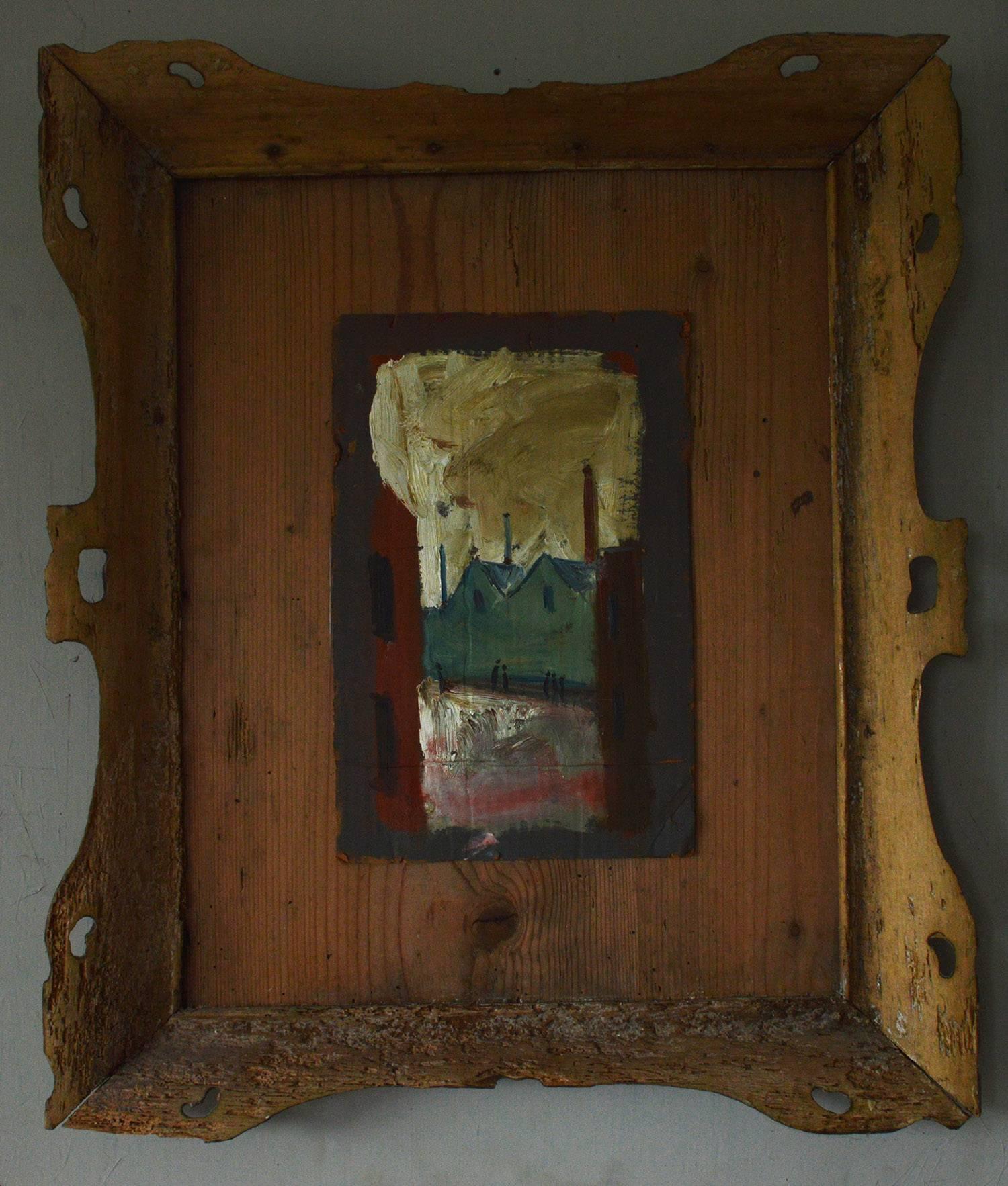 Naive oil painting on board of a Northern English Industrial townscape.

Unsigned.

A sort of homage to L.S. Lowry. Painted on cardboard.

Presented in a distressed antique pine frame.


