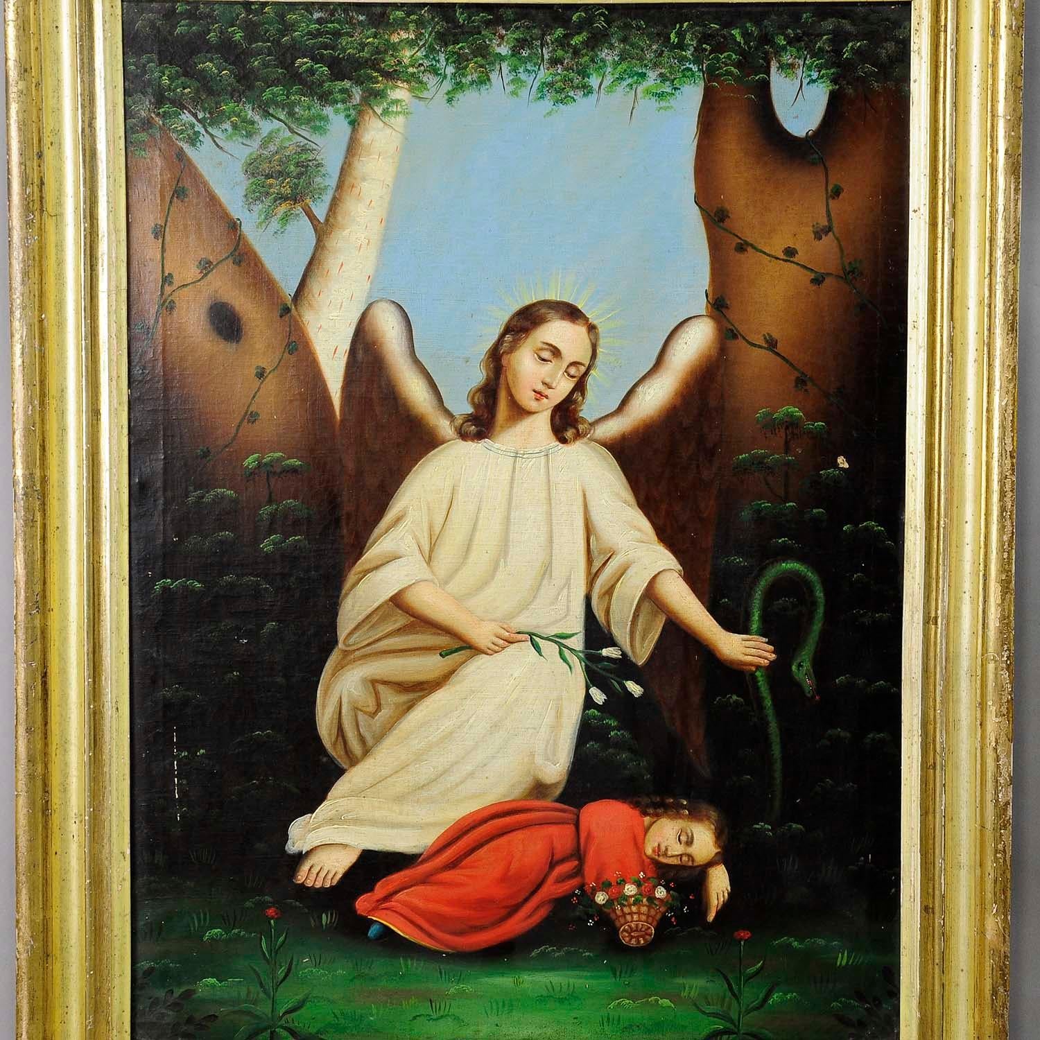 A great angelic oil painting depicting an angel sheltering a sleeping child from a snake. Oil painting on canvas with vigorous pastel colors. Framed with antique decorative gilded frame. Unsigned, Germany early 20th century. Very minor