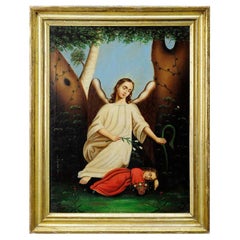 Antique Unknown, Oil on Canvas Painting Angel with Sleeping Child