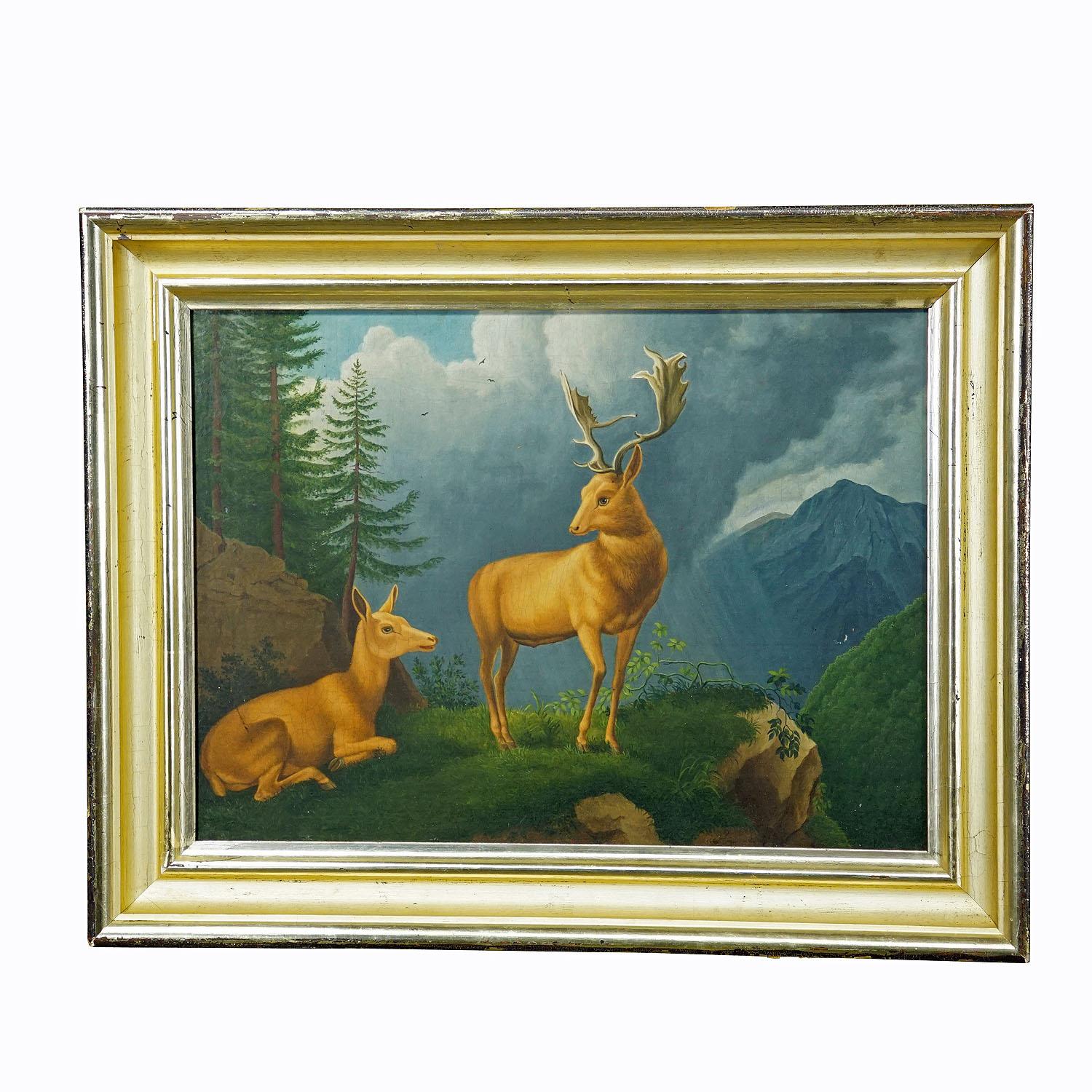 Unknown - Painting Fallow Deer with Doe in the Alps, Oil on Canvas 19th century

A lovely Biedermeier style oil painting depicting a fallow deer family in the alpine landscape. Oil on canvas 1st halve of the 19th century. Framed with antique gilded