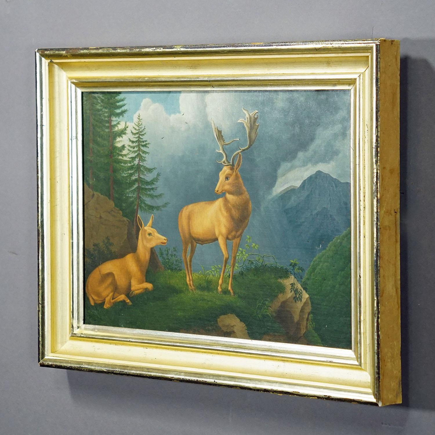 Unknown - Gemälde Damhirsch mit Hirschkuh in den Alpen, Öl auf Leinwand 19. (Frühviktorianisch) im Angebot