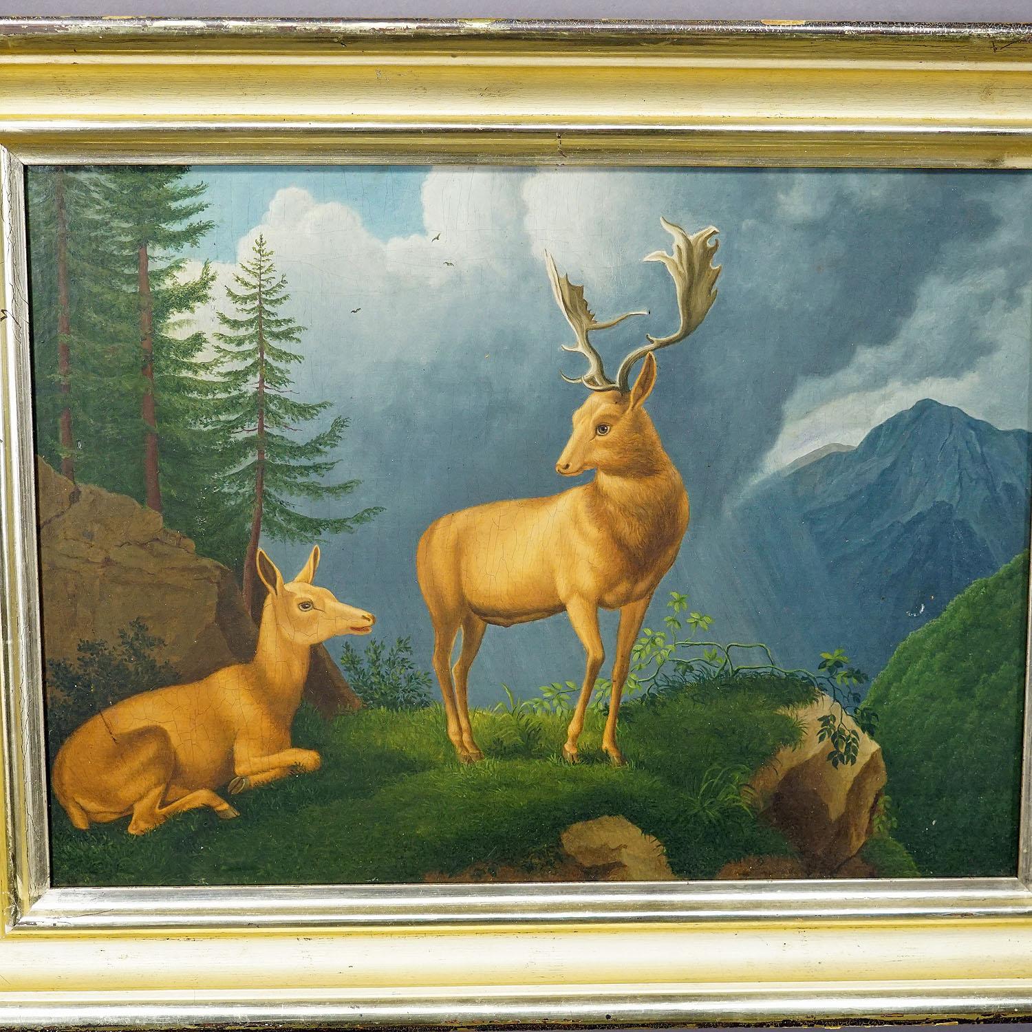 Unknown - Gemälde Damhirsch mit Hirschkuh in den Alpen, Öl auf Leinwand 19. (Deutsch) im Angebot