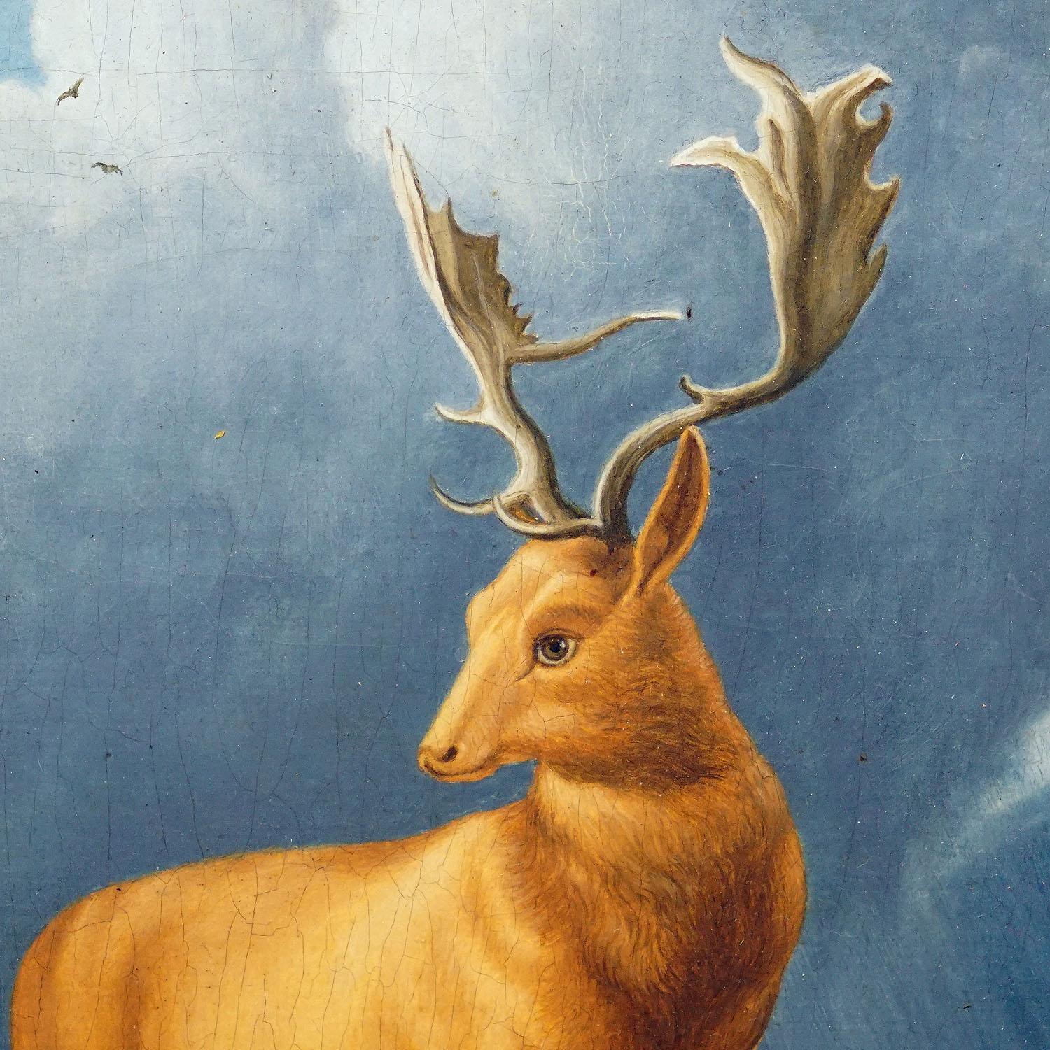 Painted Unknown - Painting Fallow Deer with Doe in the Alps, Oil on Canvas 19th century For Sale