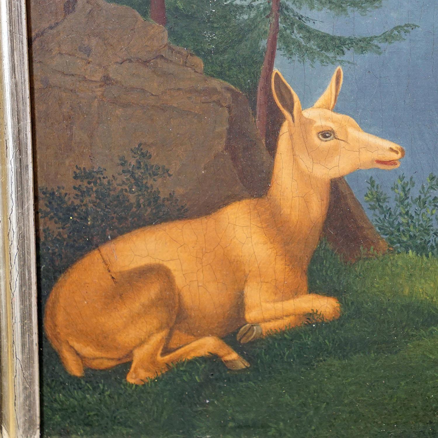 Unknown - Painting Fallow Deer with Doe in the Alps, Oil on Canvas 19th century In Good Condition For Sale In Berghuelen, DE