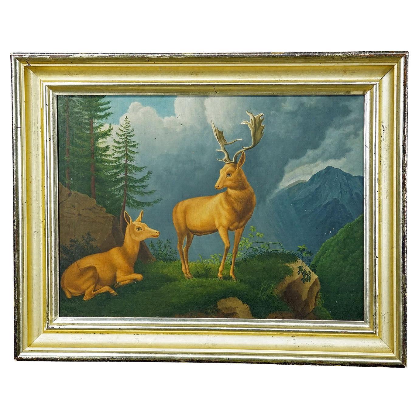 Unknown - Gemälde Damhirsch mit Hirschkuh in den Alpen, Öl auf Leinwand 19. im Angebot