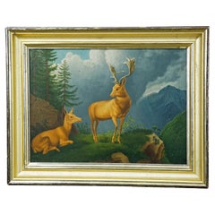 Unknown - Painting Fallow Deer with Doe in the Alps, Oil on Canvas 19th century