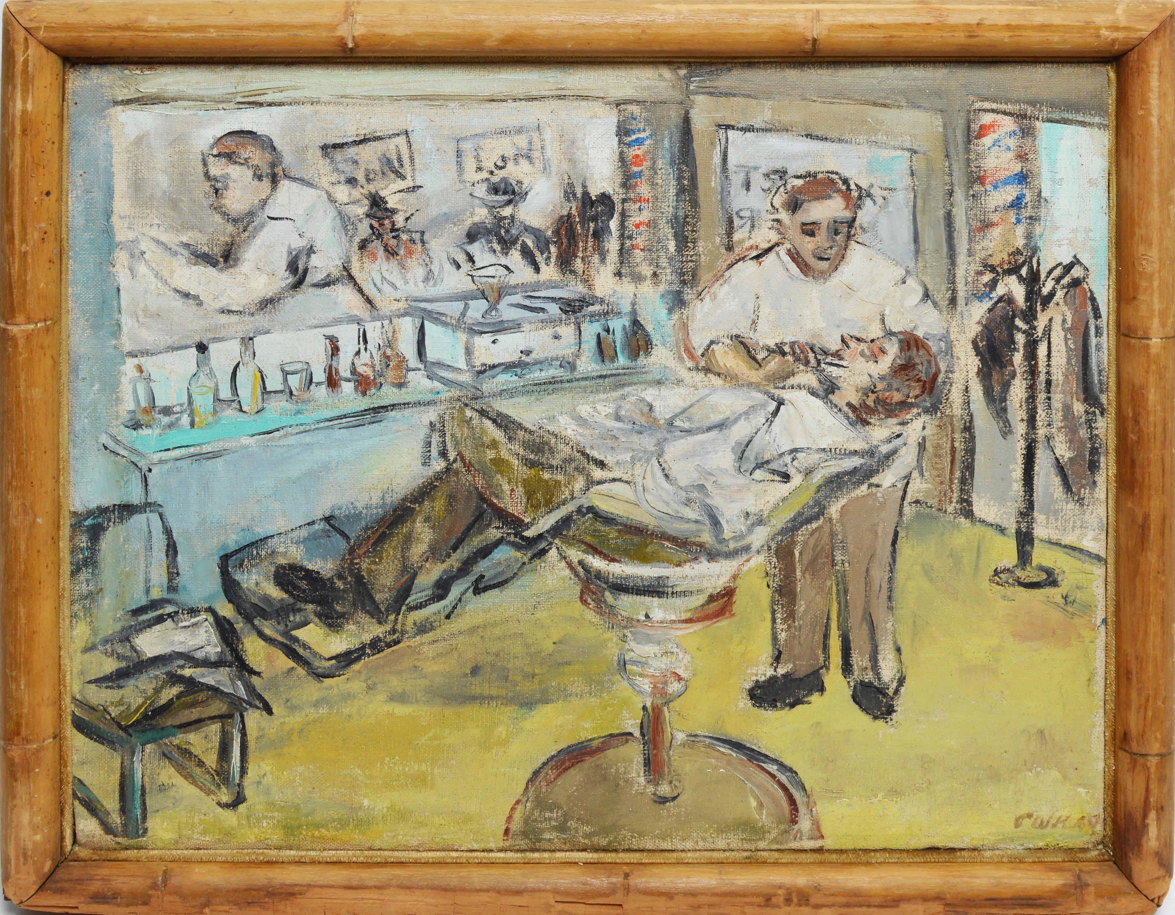 Unknown Figurative Painting - " A Close Shave", Ashcan School view of a Barbershop