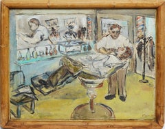 Vintage " A Close Shave", Ashcan School view of a Barbershop