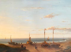 Peinture à l'huile sur panneau de paysage réaliste académique du 19e siècle « At The Port »