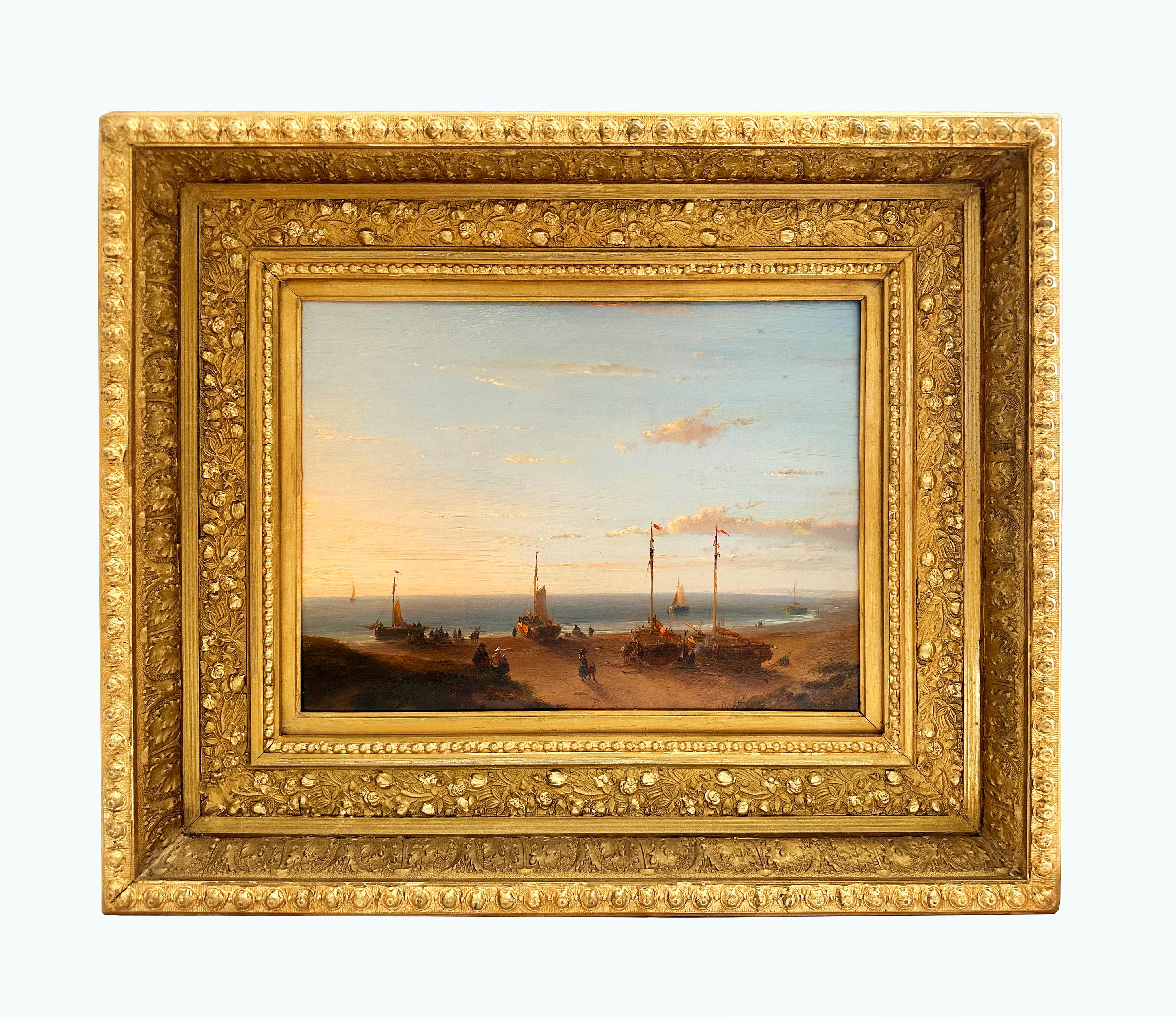 "En el puerto" Pintura al óleo de paisaje realista académico del siglo XIX sobre tabla