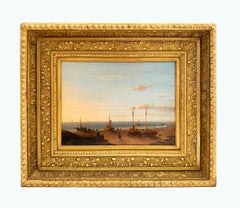 Antique " At The Port" 19th Century Oil Painting on Canvas